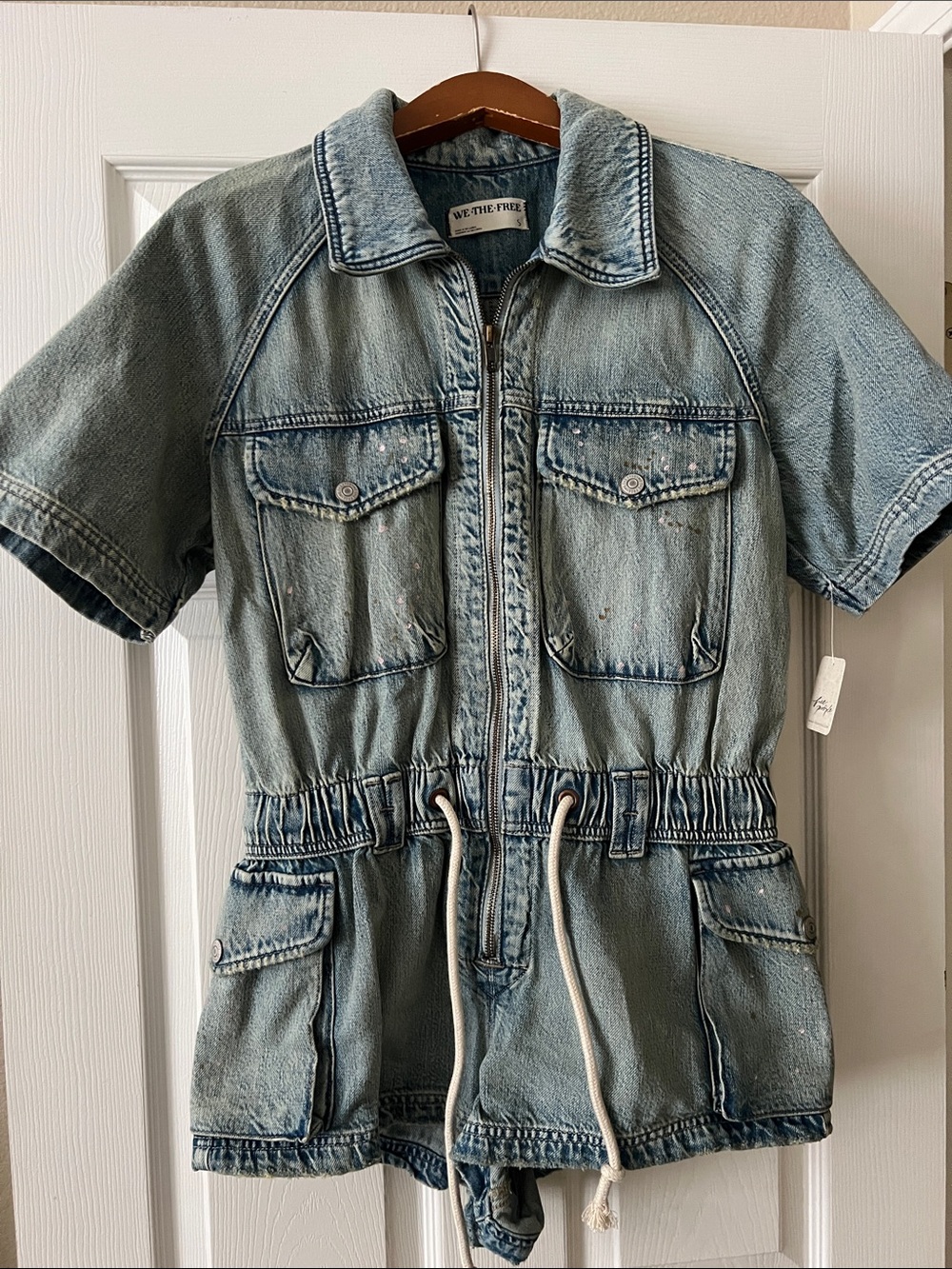We The Free Light Wash Denim Short Sleeve Zip Romper